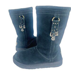 UGG Australia Larynn Black Shearling Boots Gold Rhinestone Charms Kids Size 4
